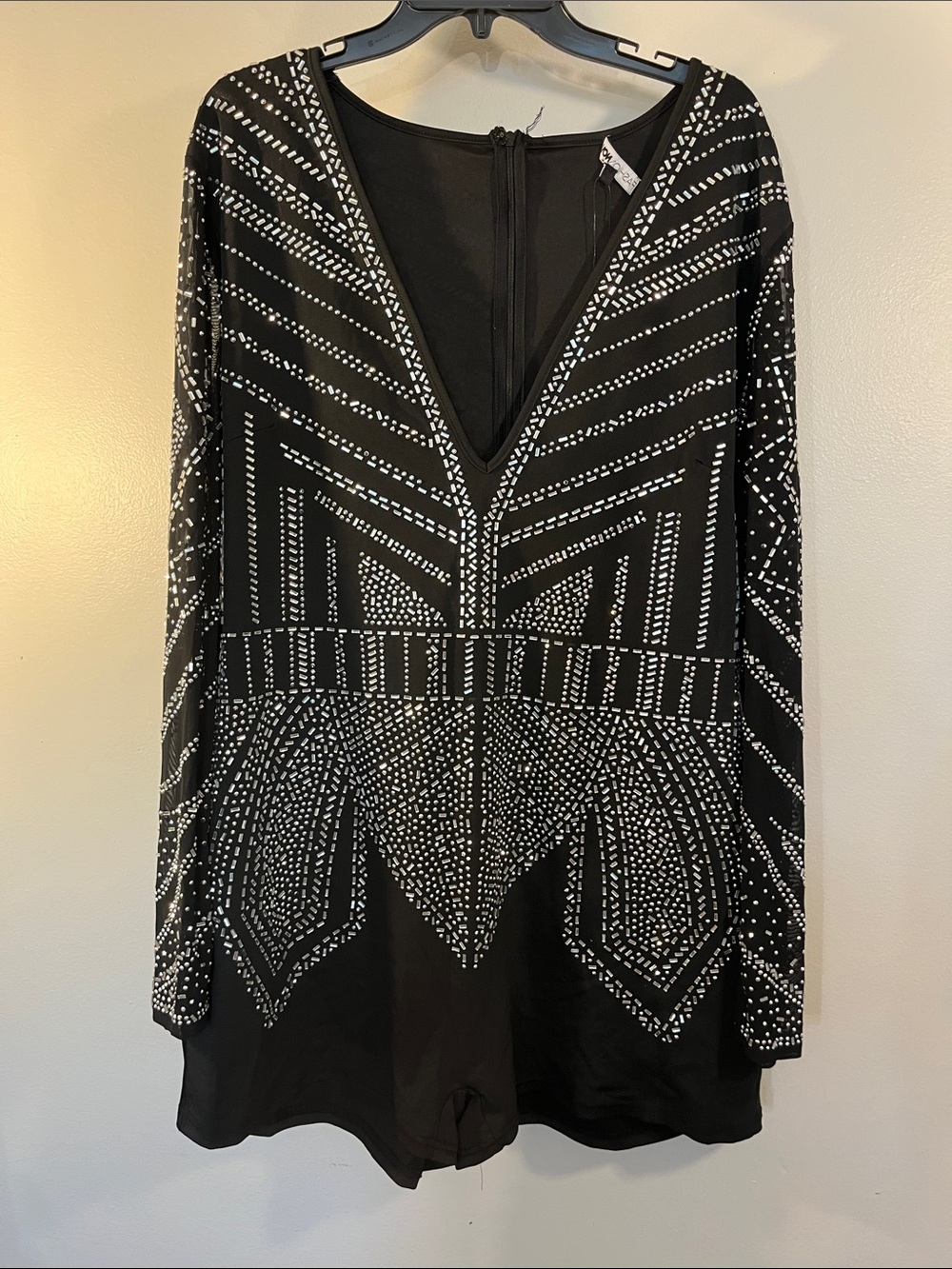 Fashion Nova Black V-Neck Long Sleeve Studded Romper